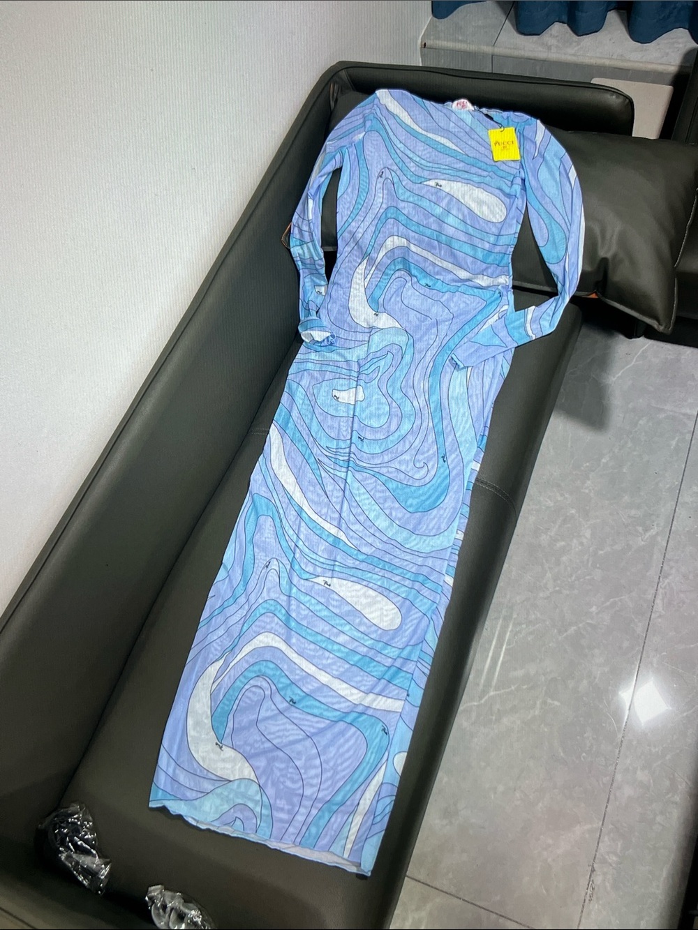 Emilio Pucci Blue & White Abstract-Print Long Sleeve Maxi Dress